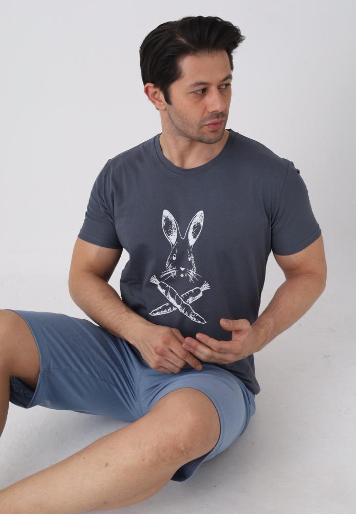 Pijama barbat cu maneca scurta si pantaloni 3/4, culoare gri inchis, Engros